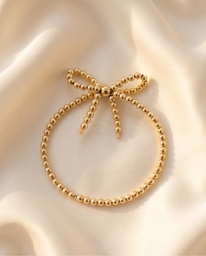 14k gold filled beaded bow bracelet on cream satin — The Coquette by Stacked by Jayneebell