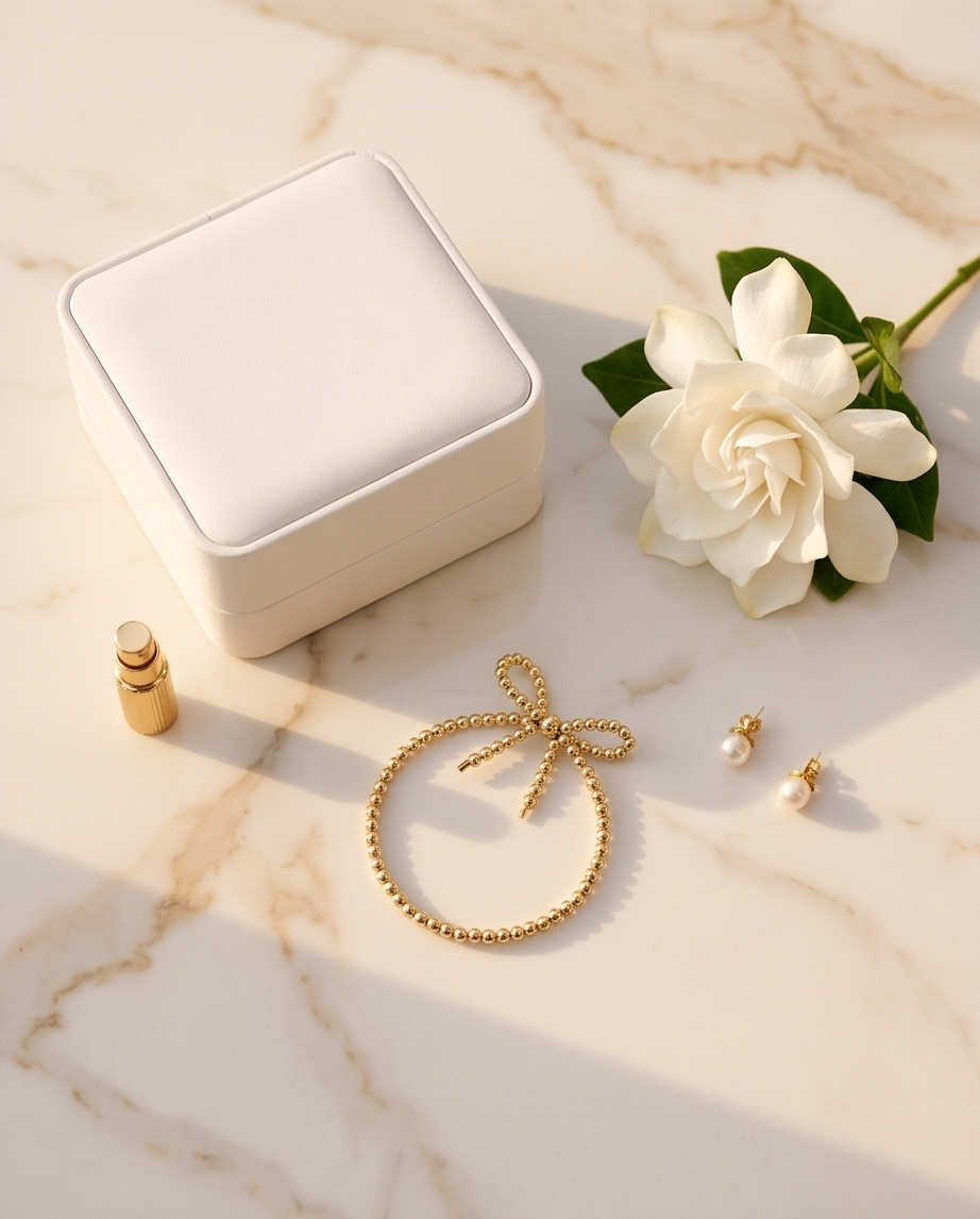 The Coquette gold bow bracelet styled with jewelry box gardenia and pearl earrings — Stacked by Jayneebell
