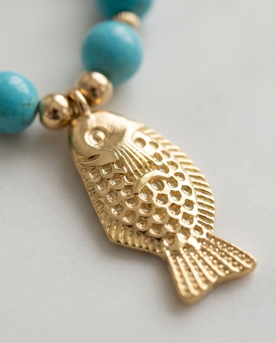 Close up of detailed gold fish pendant charm on turquoise beaded necklace — Stacked by Jayneebell