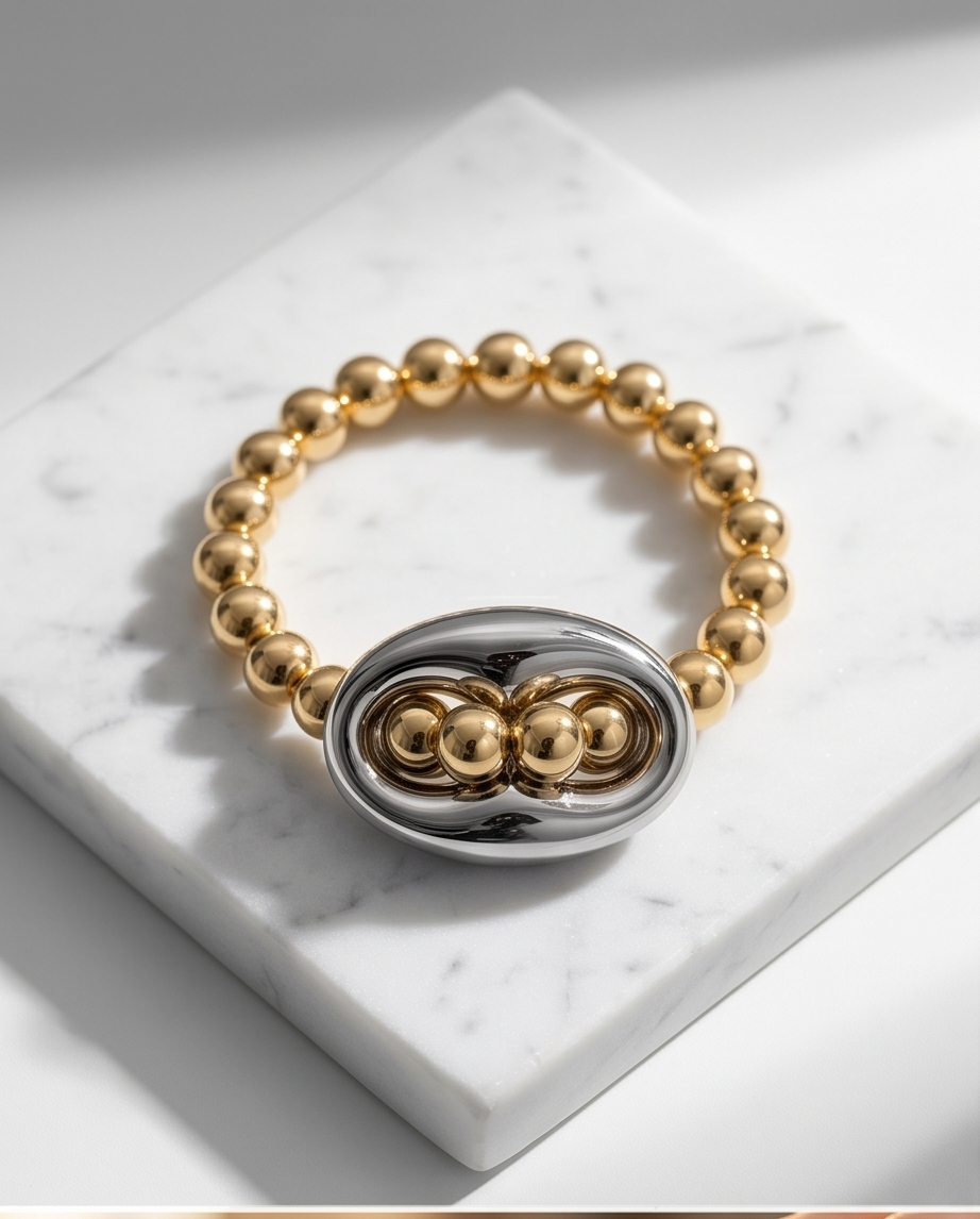 7mm gold filled stretch bracelet with oversized silver puff mariner link on marble — The Mariner by Stacked by Jayneebell
