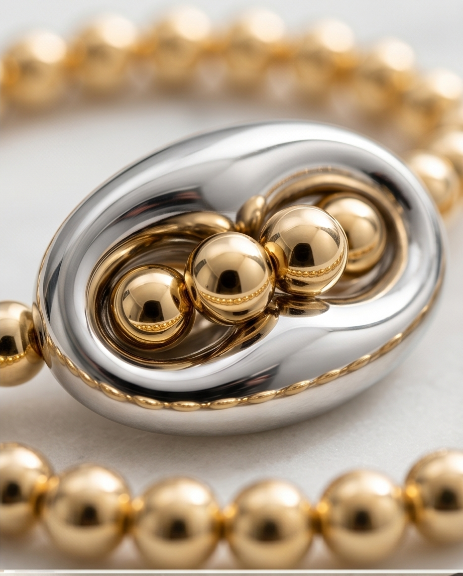 Close up of 20mm silver puff mariner link focal on gold filled bracelet — Stacked by Jayneebell