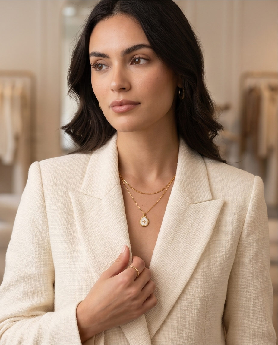 Model wearing True North mother of pearl necklace layered with cream blazer, Stacked by Jayneebell
