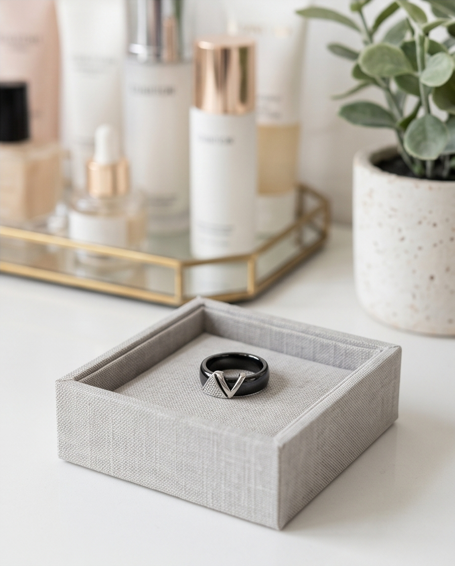 vant black ceramic silver ring in grey linen jewelry tray on vanity, Stacked by Jayneebell