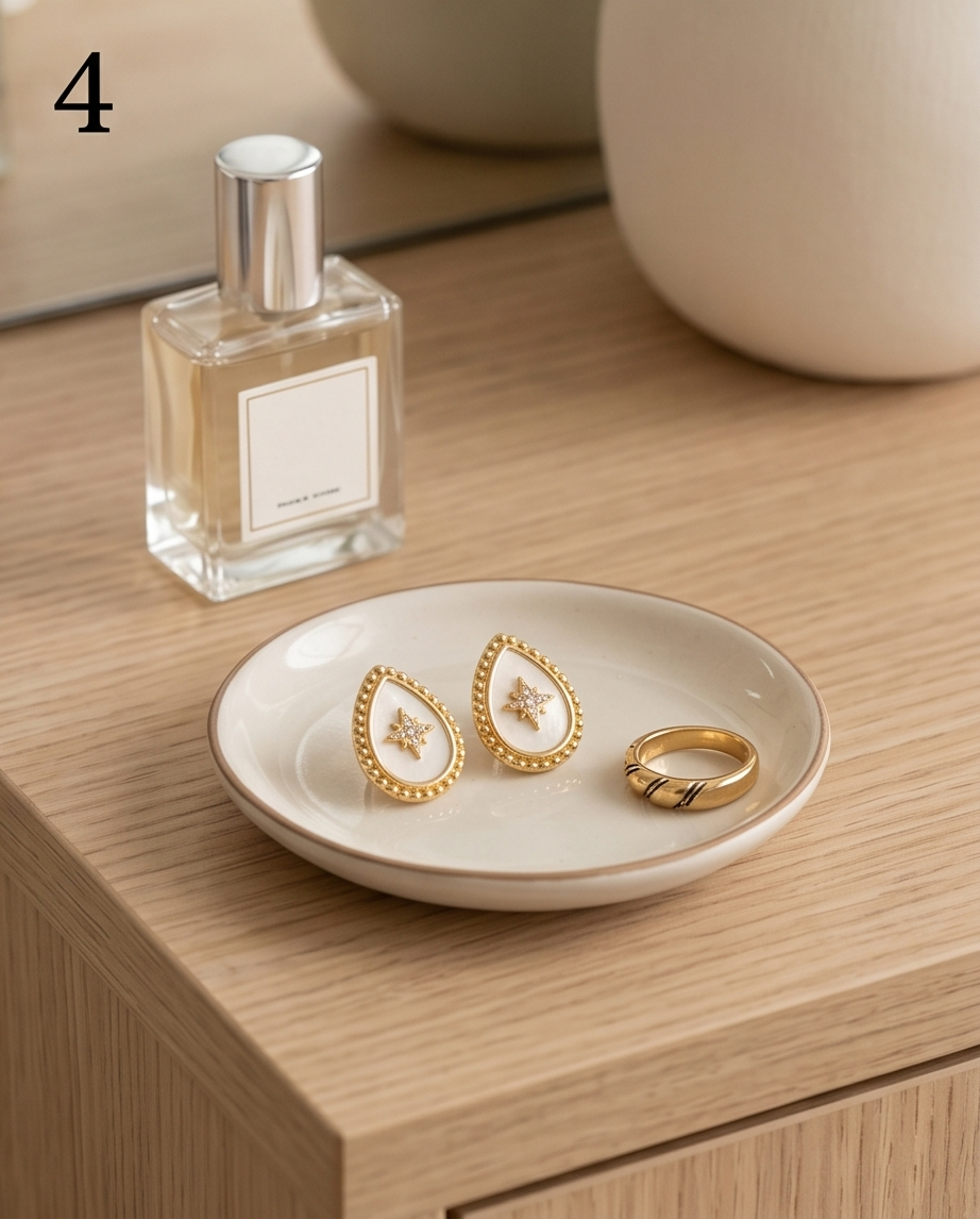 True North mother of pearl stud earrings on ceramic jewelry dish with vanity styling, Stacked by Jayneebell