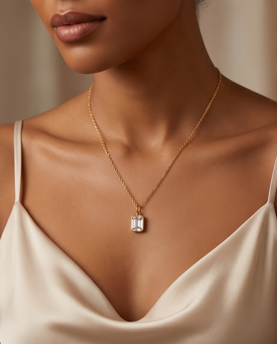 2 carat emerald cut lab diamond pendant on 14k gold filled chain on a neck with a cream satin dress — The Luminaire by Stacked by Jayneebell