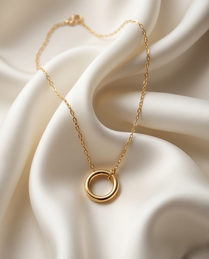 14k gold filled open circle charm holder necklace on cream satin — Full Circle by Stacked by Jayneebell