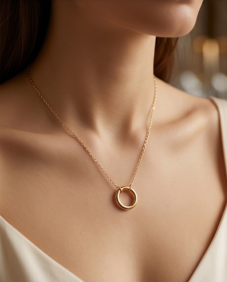 Gold filled circle pendant necklace worn on model collarbone — Full Circle by Stacked by Jayneebell
