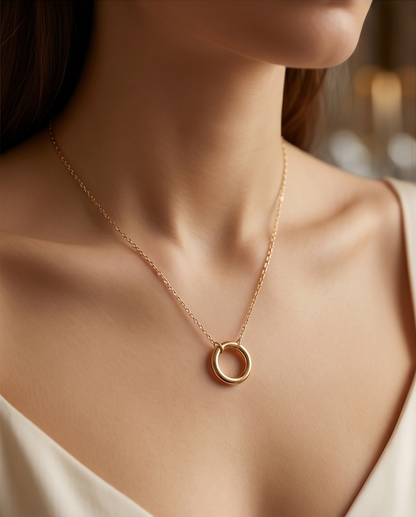 Gold filled circle pendant necklace worn on model collarbone — Full Circle by Stacked by Jayneebell