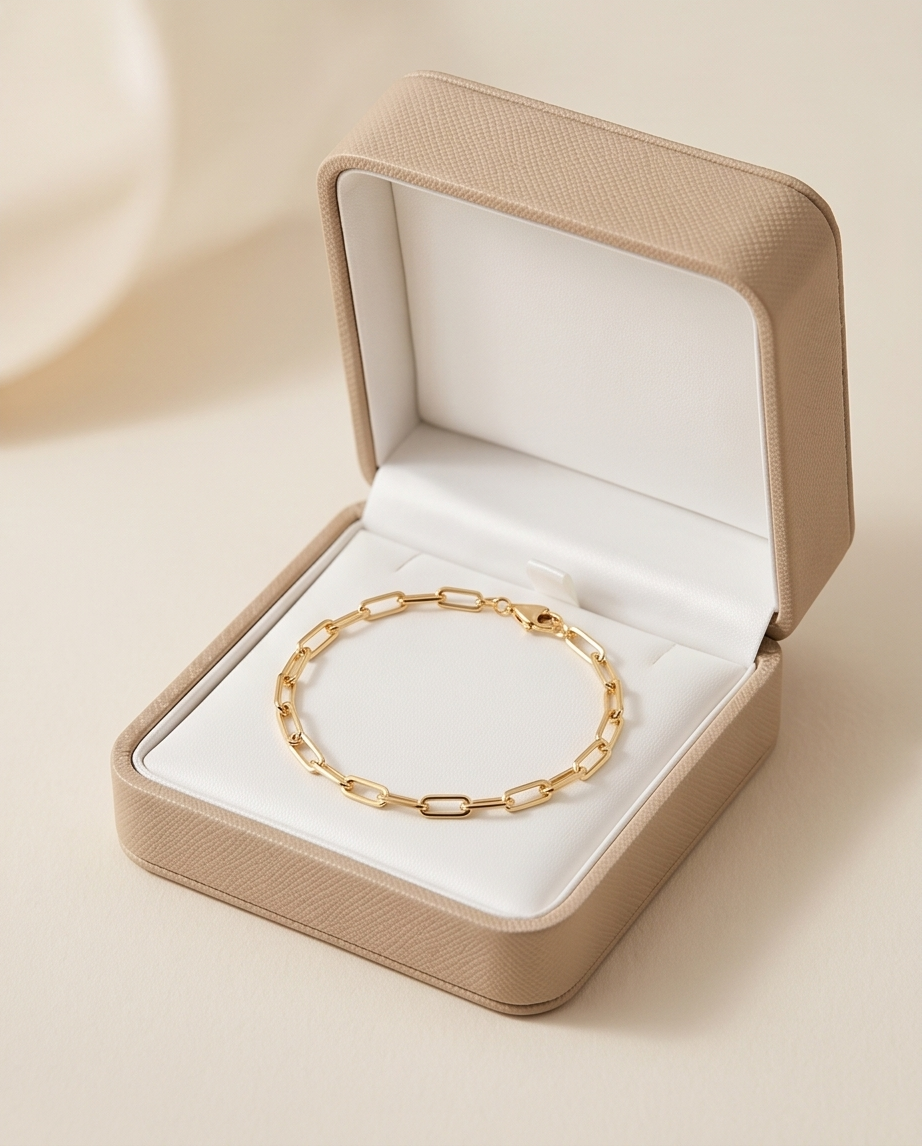 Gold filled paperclip chain bracelet in tan jewelry box — Linked by Stacked by Jayneebell