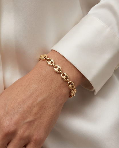 The Puff gold filled puff mariner bracelet worn on wrist with white silk sleeve — Stacked by Jayneebell