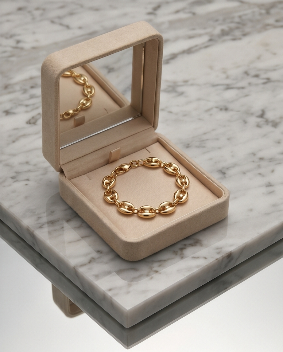 14k gold filled puff mariner chain bracelet in tan suede jewelry box on marble — The Puff by Stacked by Jayneebell