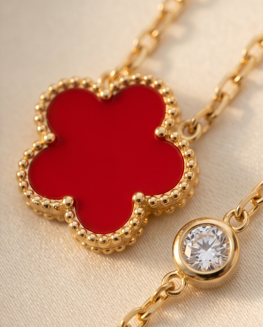 Close-up detail of Très Clove red enamel milgrain flower pendant and CZ station, Stacked by Jayneebell
