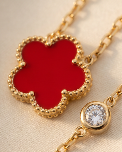 Close-up detail of Très Clove red enamel milgrain flower pendant and CZ station, Stacked by Jayneebell

