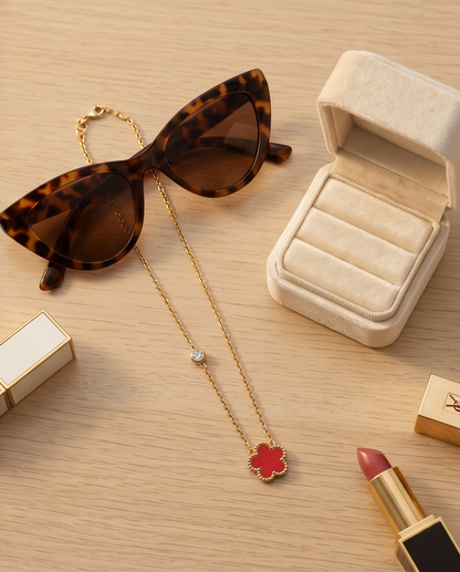 rès Clove rouge enamel flower necklace on a wood tray with sunglasses, a ring box and lipstick, Stacked by Jayneebell