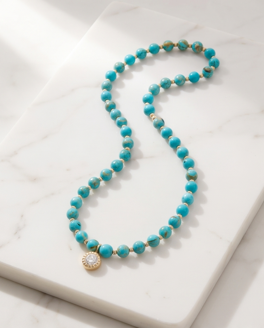Sedona Sunset natural turquoise gold filled beaded necklace with CZ pendant on marble, Stacked by Jayneebell