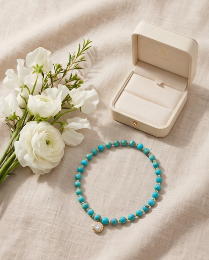 Sedona Sunset turquoise beaded necklace with white flowers styling, Stacked by Jayneebell