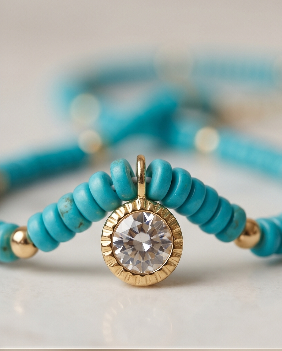 Close up of CZ solitaire in gold filled sunburst bezel setting on turquoise disc bead necklace — Stacked by Jayneebell