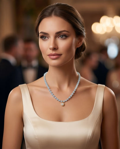 Woman wearing aquamarine gold filled beaded necklace with CZ solitaire at formal event — Stacked by Jayneebell