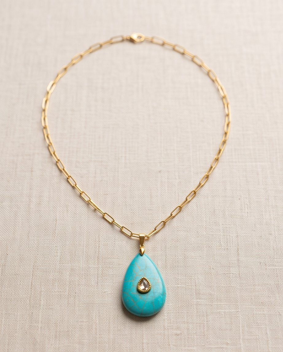 The Desert Bloom necklace - genuine turquoise teardrop pendant on 14k gold filled paperclip chain | Stacked by Jayneebell