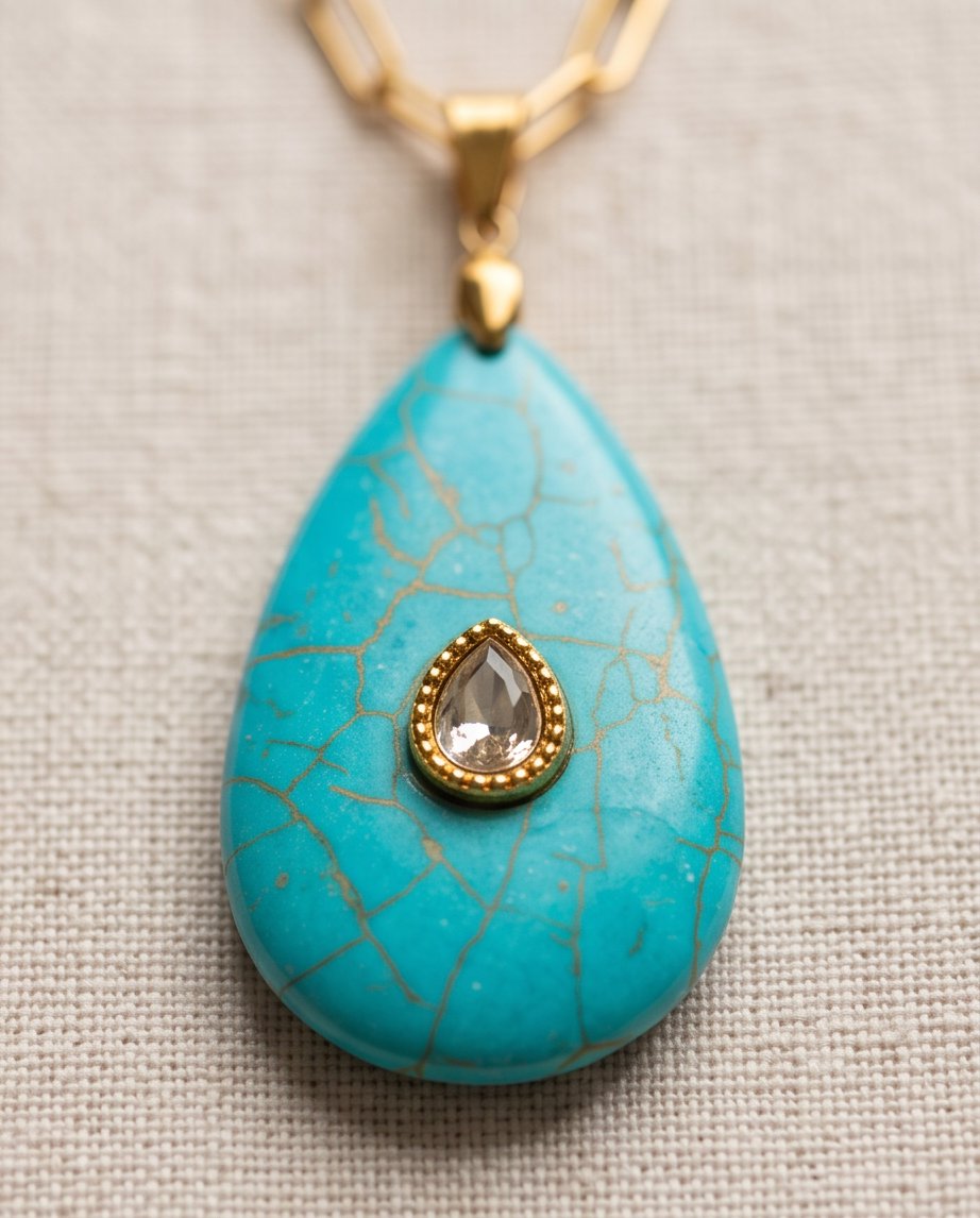 Close-up of The Desert Bloom turquoise pendant with hand-set pavé stone accent, 14k gold filled | Stacked by Jayneebell