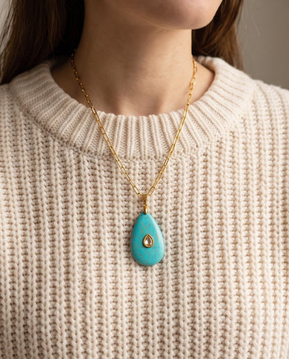 The Desert Bloom necklace worn on model, turquoise pendant with 14k gold filled paperclip chain | Stacked by Jayneebell