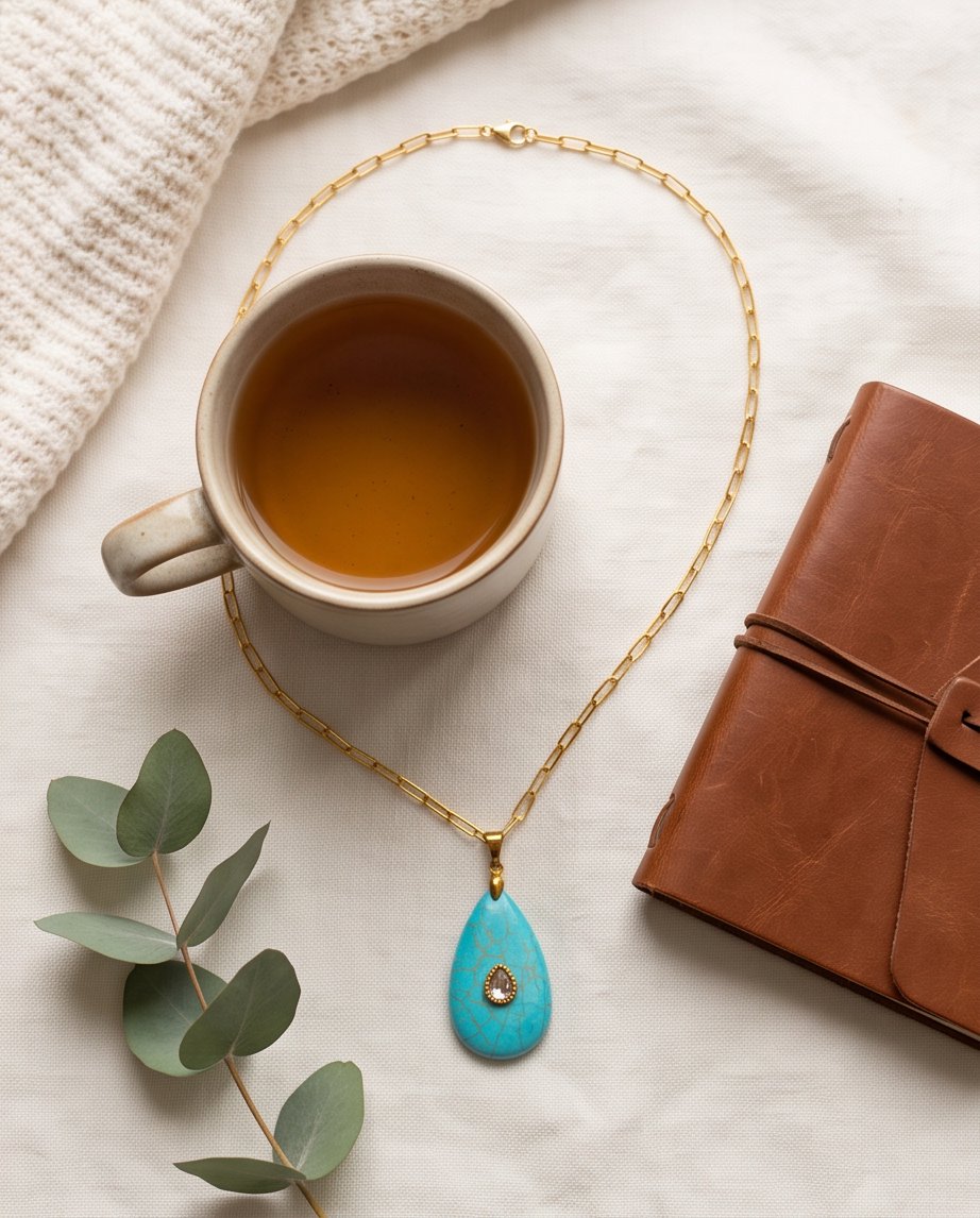 The Desert Bloom necklace styled flat lay with coffee and journal, turquoise and 14k gold filled | Stacked by Jayneebell