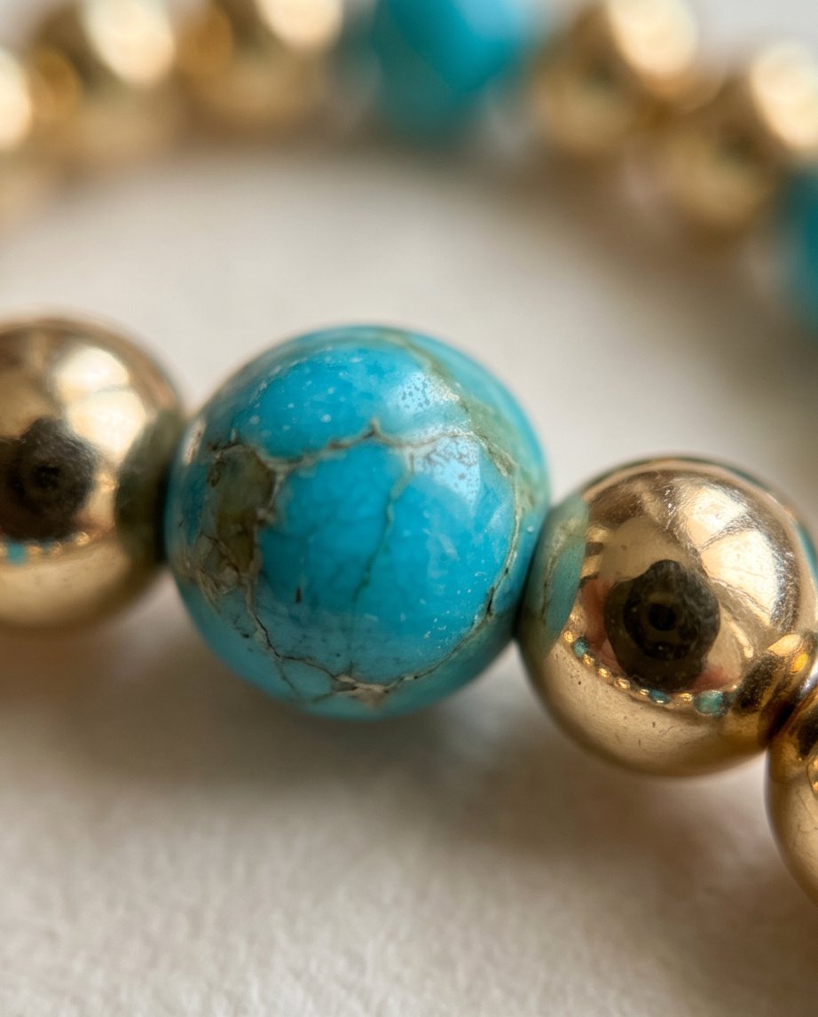 Close-up of The Desert Bloom ring showing genuine turquoise beads and 14k gold filled beads | Stacked by Jayneebell