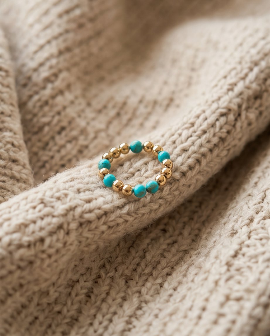 The Desert Bloom ring styled on knit sweater, turquoise and 14k gold filled | Stacked by Jayneebell