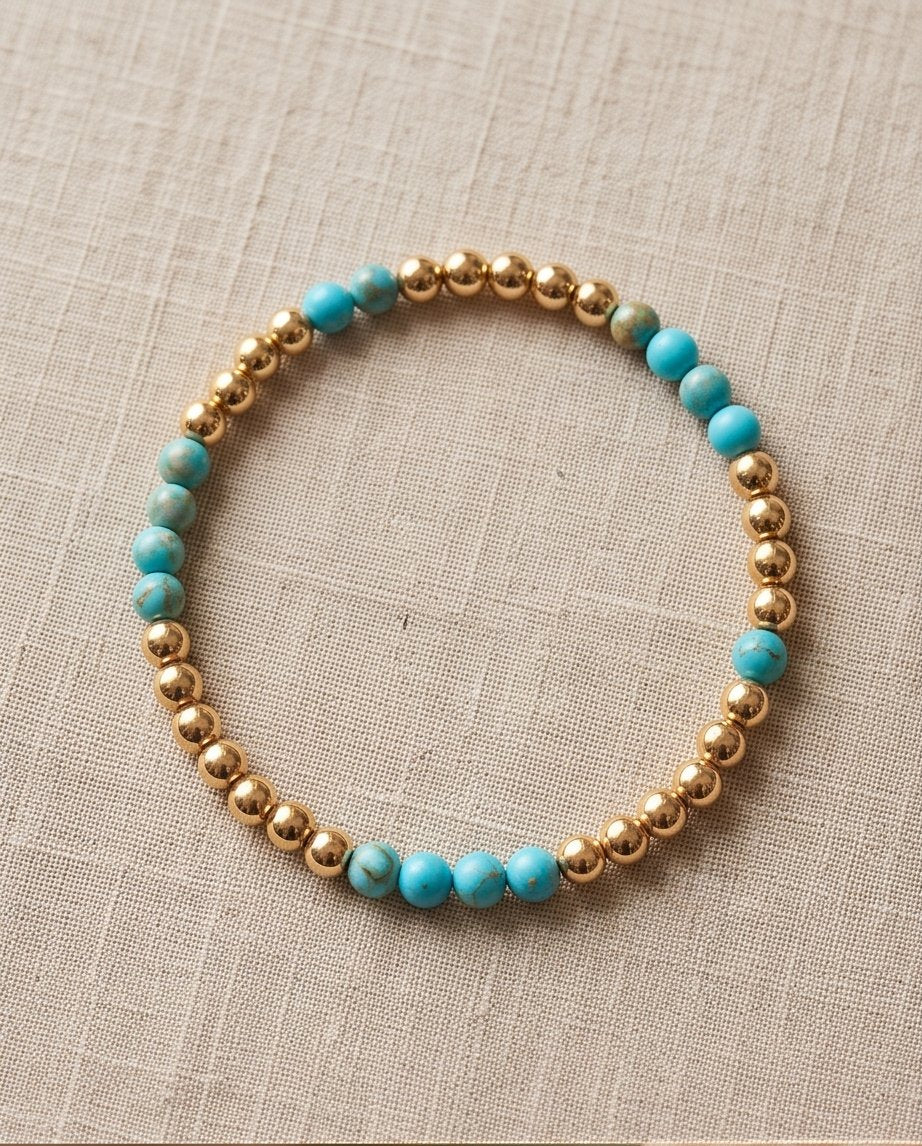 The Desert Bloom bracelet with coffee - genuine turquoise and 4mm 14k gold filled beaded stretch bracelet | Stacked by Jayneebell