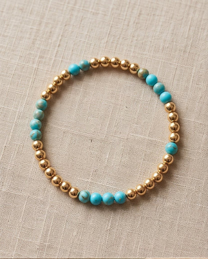The Desert Bloom bracelet with coffee - genuine turquoise and 4mm 14k gold filled beaded stretch bracelet | Stacked by Jayneebell