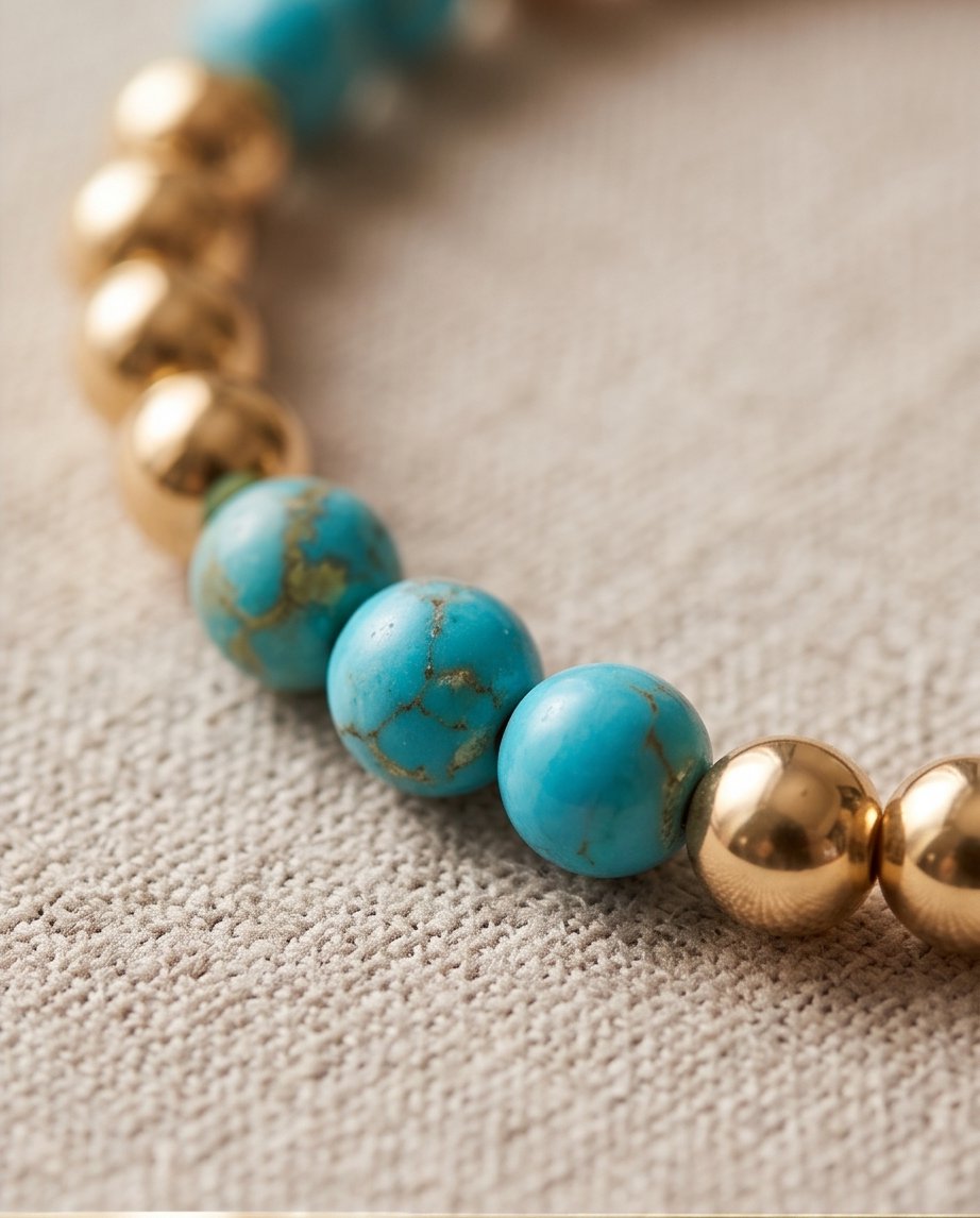 Close-up of The Desert Bloom bracelet, genuine turquoise and 14k gold filled beads | Stacked by Jayneebell