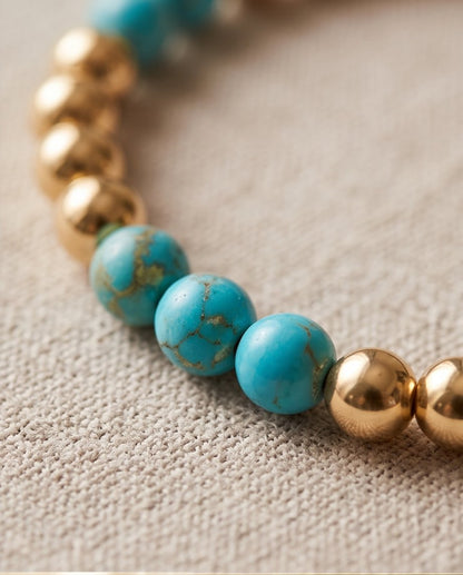 Close-up of The Desert Bloom bracelet, genuine turquoise and 14k gold filled beads | Stacked by Jayneebell