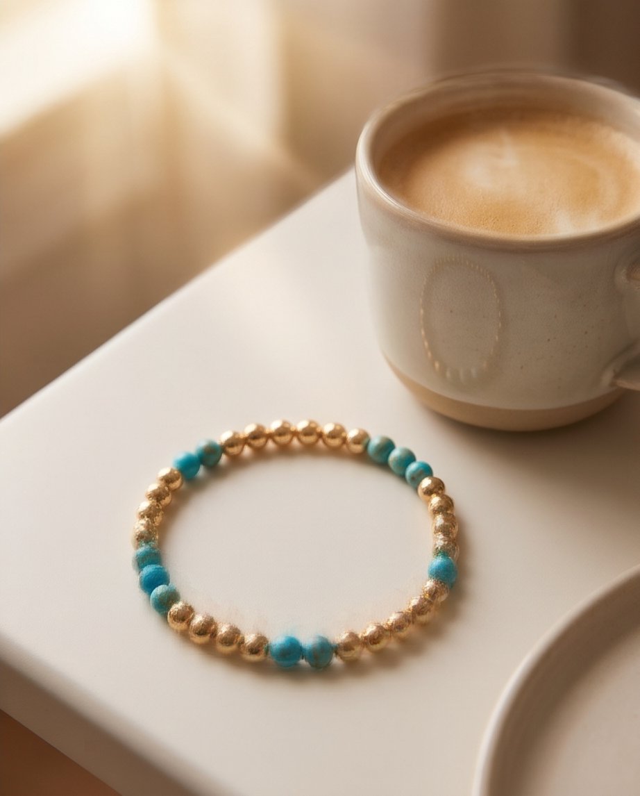 The Desert Bloom bracelet with coffee, genuine turquoise and 14k gold filled 4mm beaded stretch bracelet | Stacked by Jayneebell