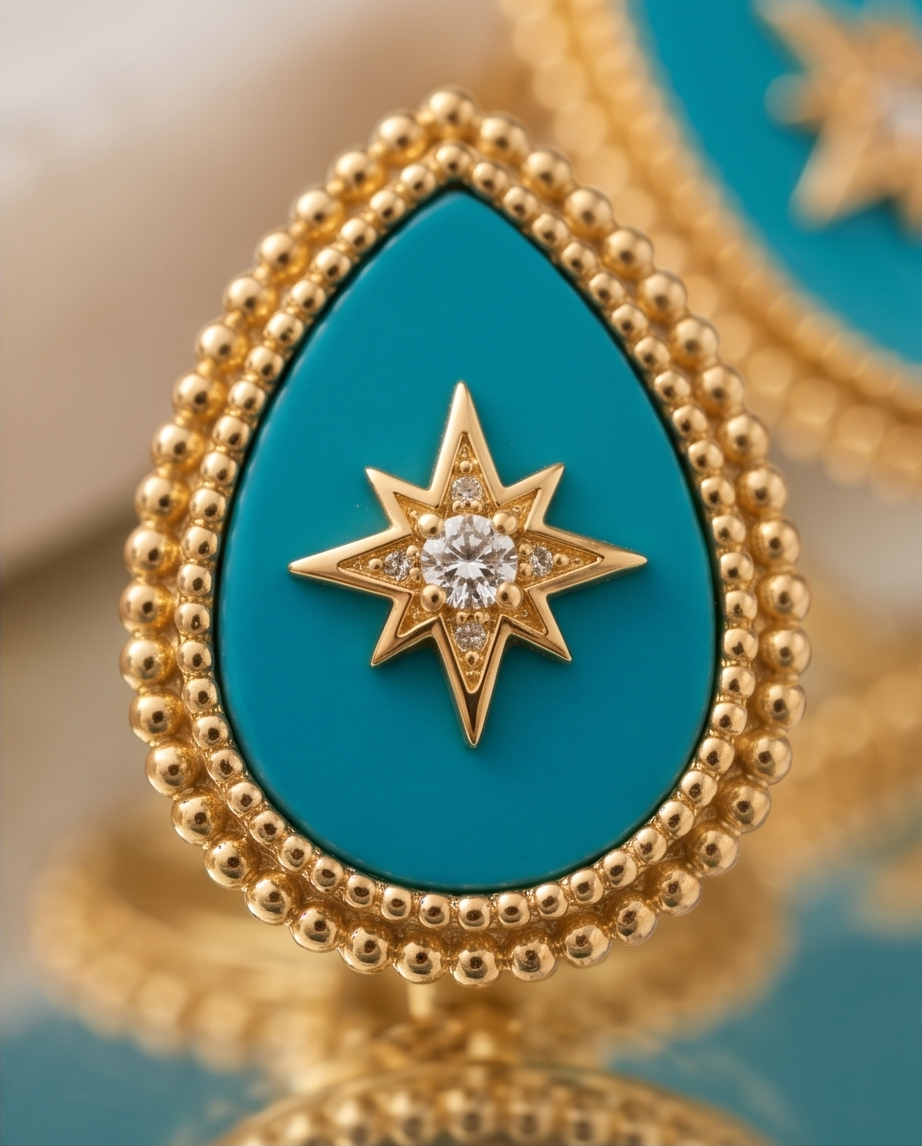 Gold and turquoise teardrop-shaped pendant with star design