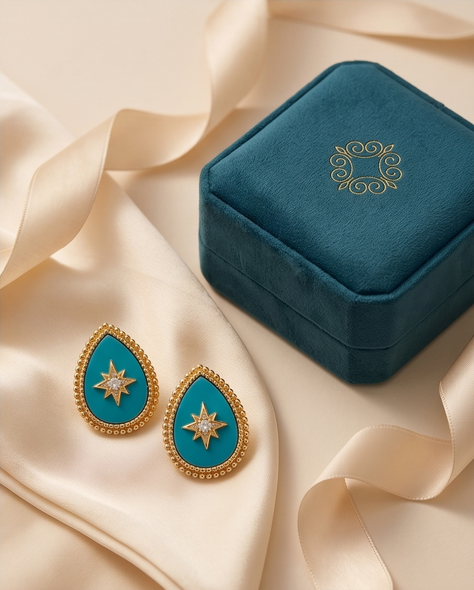 Teal earrings with gold accents on a beige fabric background with a blue jewelry box.