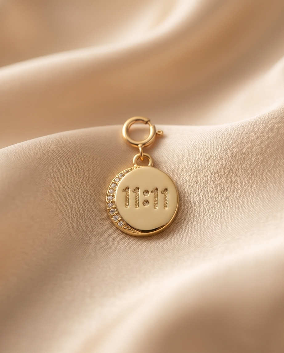 Gold filled 11:11 coin charm with pave cubic zirconia crescent on silk background — Stacked by Jayneebell
