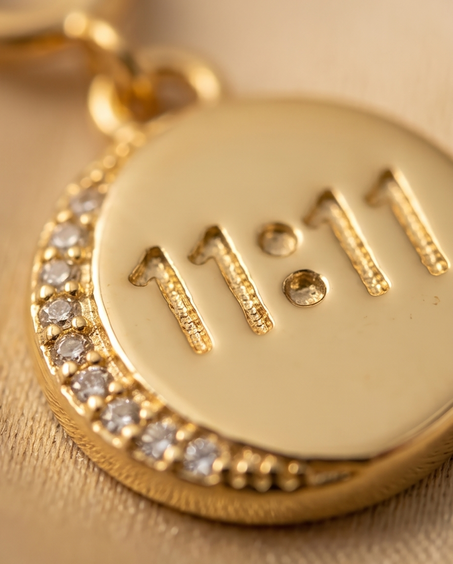 Close up of embossed 11:11 lettering and pave CZ crescent arc on gold filled coin charm — Stacked by Jayneebell
