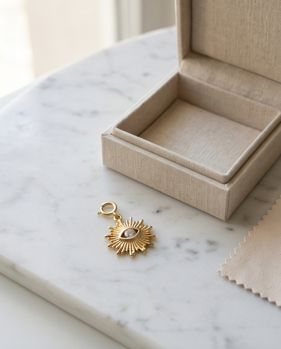 Gold filled evil eye sunburst charm on marble surface beside jewelry box — Stacked by Jayneebell