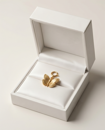 Gold filled butterfly convertible charm in white jewelry box — Becoming by Stacked by Jayneebell