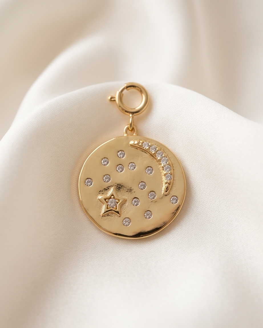 14k gold filled celestial coin charm with pavé moon and CZ star on cream satin — Moonchild by Stacked by Jayneebell
