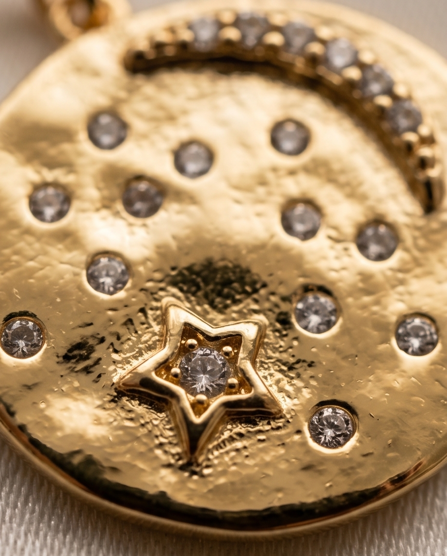 Close up detail of hammered gold coin charm with crescent moon and scattered CZ dots — Stacked by Jayneebell