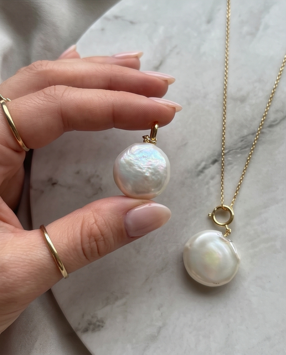 Hand holding freshwater coin pearl pendant beside pearl on gold chain on marble — Stacked by Jayneebell