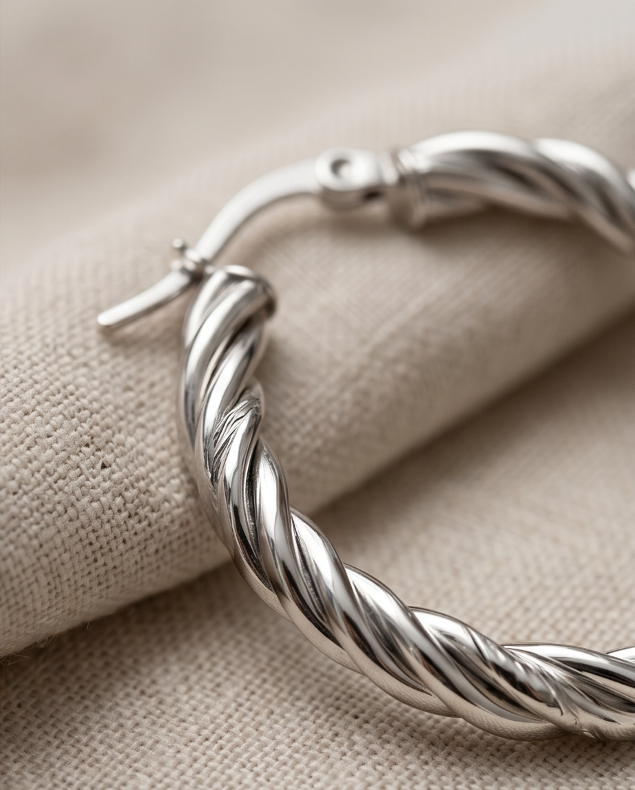 Close-up detail of The Rope twisted hoop texture, 18k PVD surgical steel, Stacked by Jayneebell
