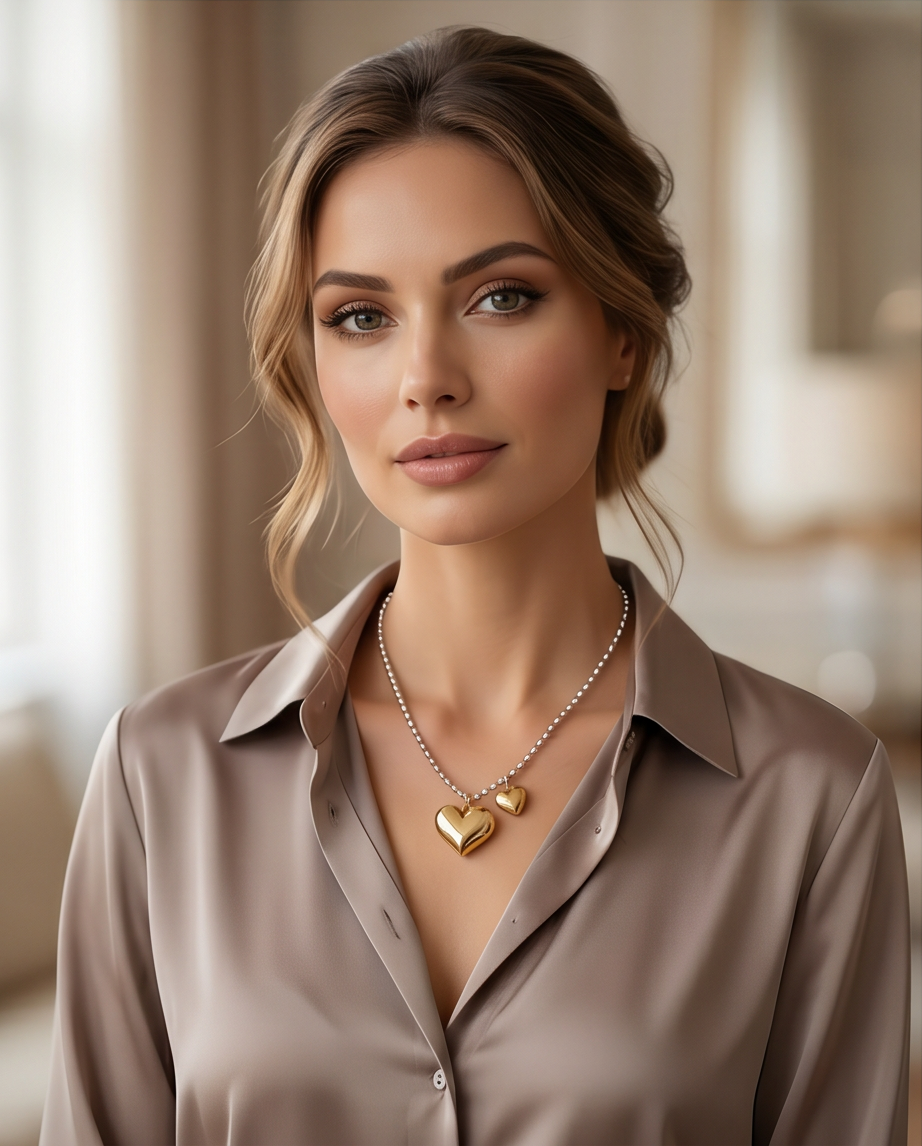 Model wearing The Duo mixed metal double heart necklace, Stacked by Jayneebell