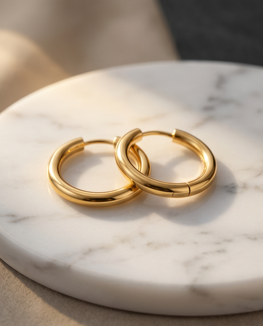 The Gold Standard chunky gold PVD tube hoop earrings on marble, Stacked by Jayneebell