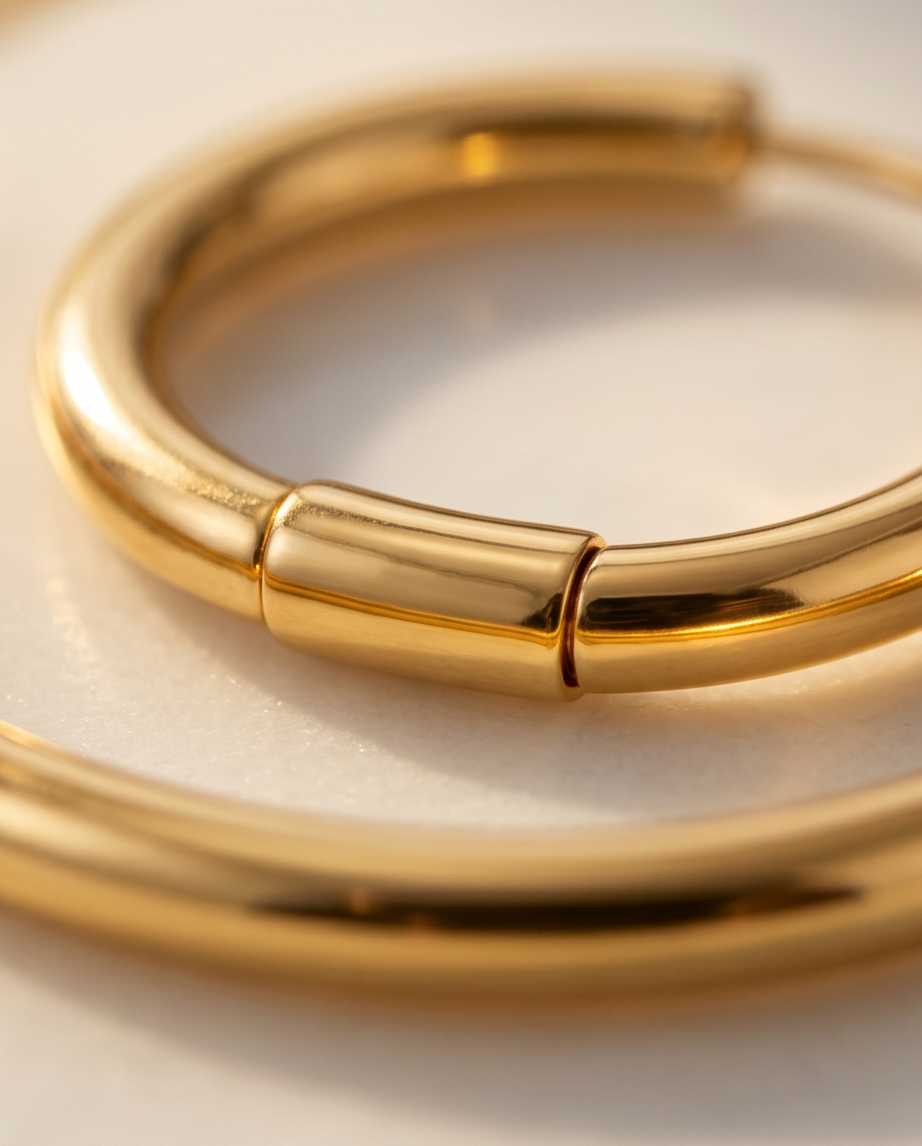 Close-up detail of The Gold Standard gold PVD tube hoop hinged closure, Stacked by Jayneebell