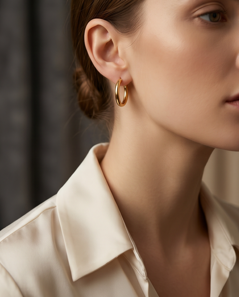 Model wearing The Gold Standard gold tube hoop earrings, Stacked by Jayneebell