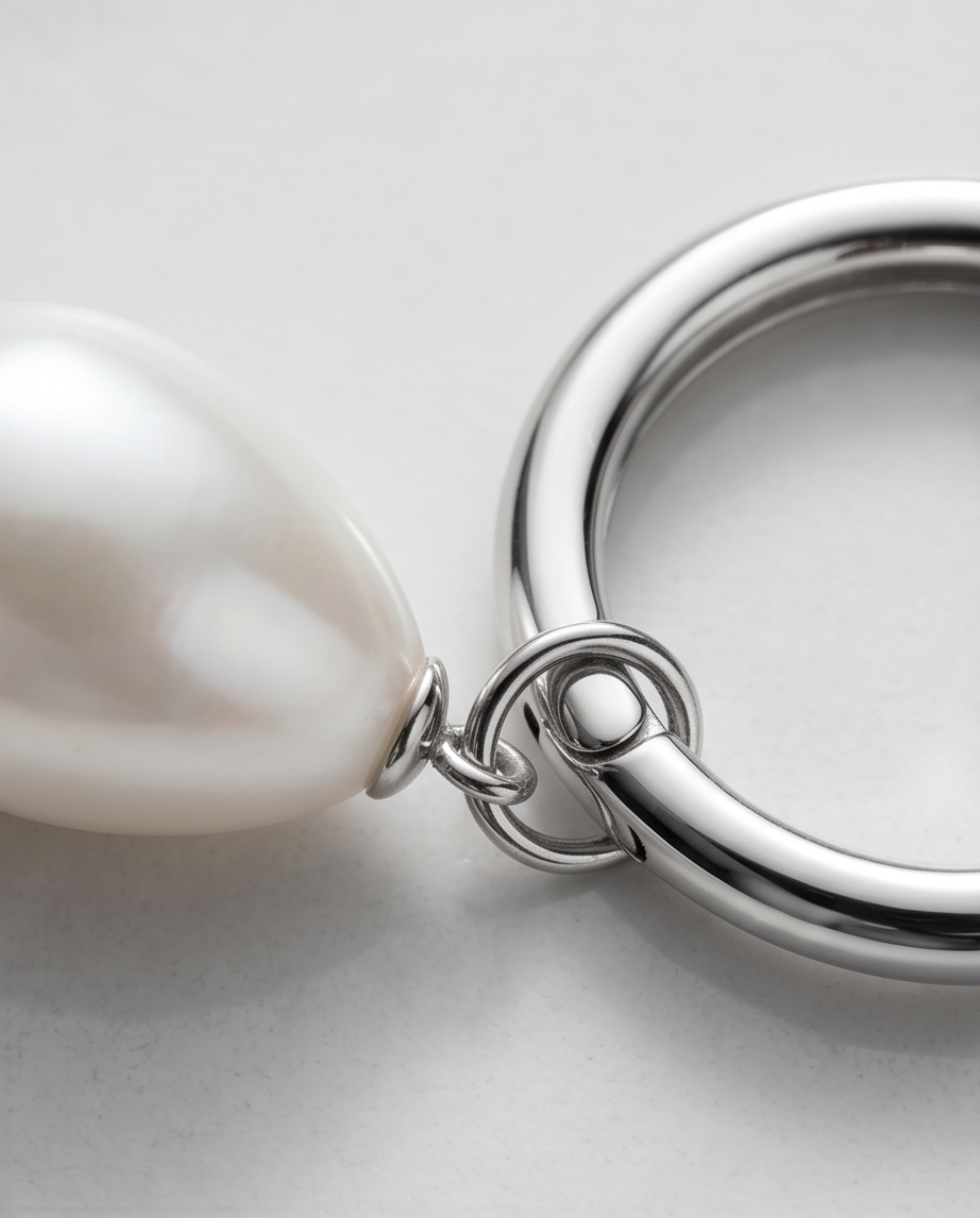 Close-up detail of The Oyster freshwater baroque pearl and silver PVD huggie hoop connection, Stacked by Jayneebell