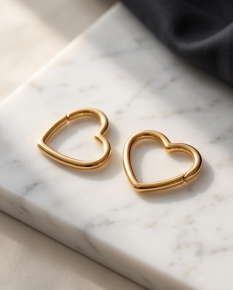  Open Heart gold PVD heart huggie hoop earrings on marble, Stacked by Jayneebell