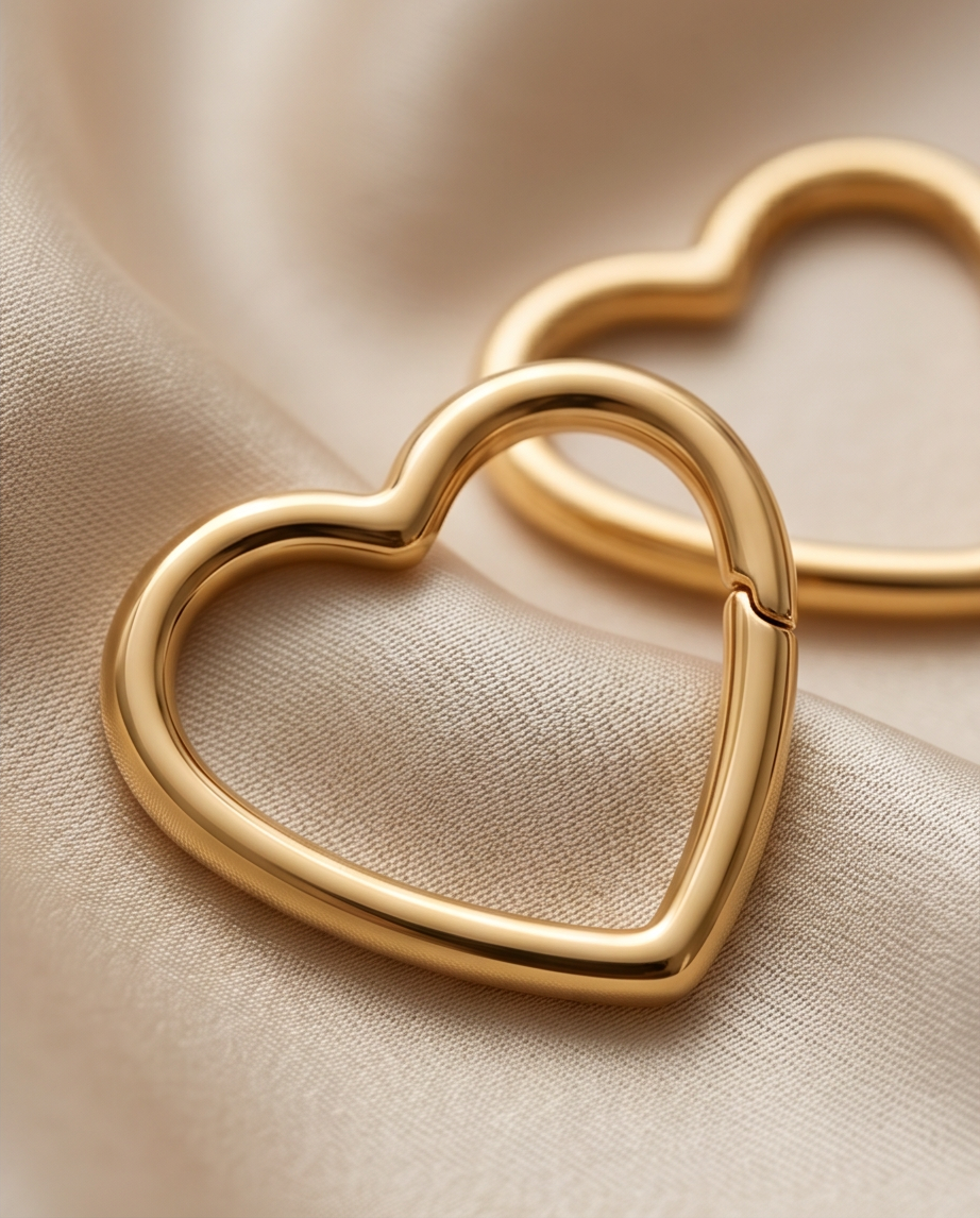  Close-up detail of Open Heart gold PVD heart-shaped huggie hoops on cream fabric, Stacked by Jayneebell